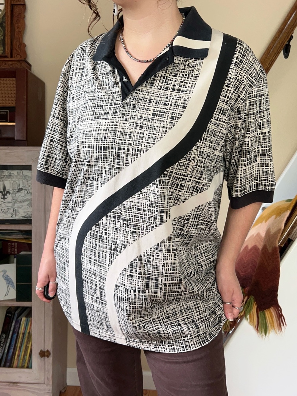 Vintage 90s Geometric Polo Shirt Oversized Retro Abstract Pullover Large